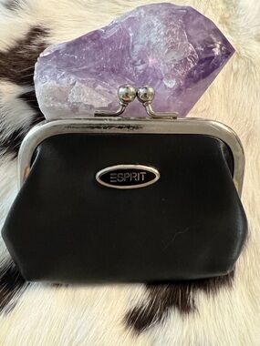 Esprit Black Leather Kiss-Lock Coin Purse with Silver Hardware